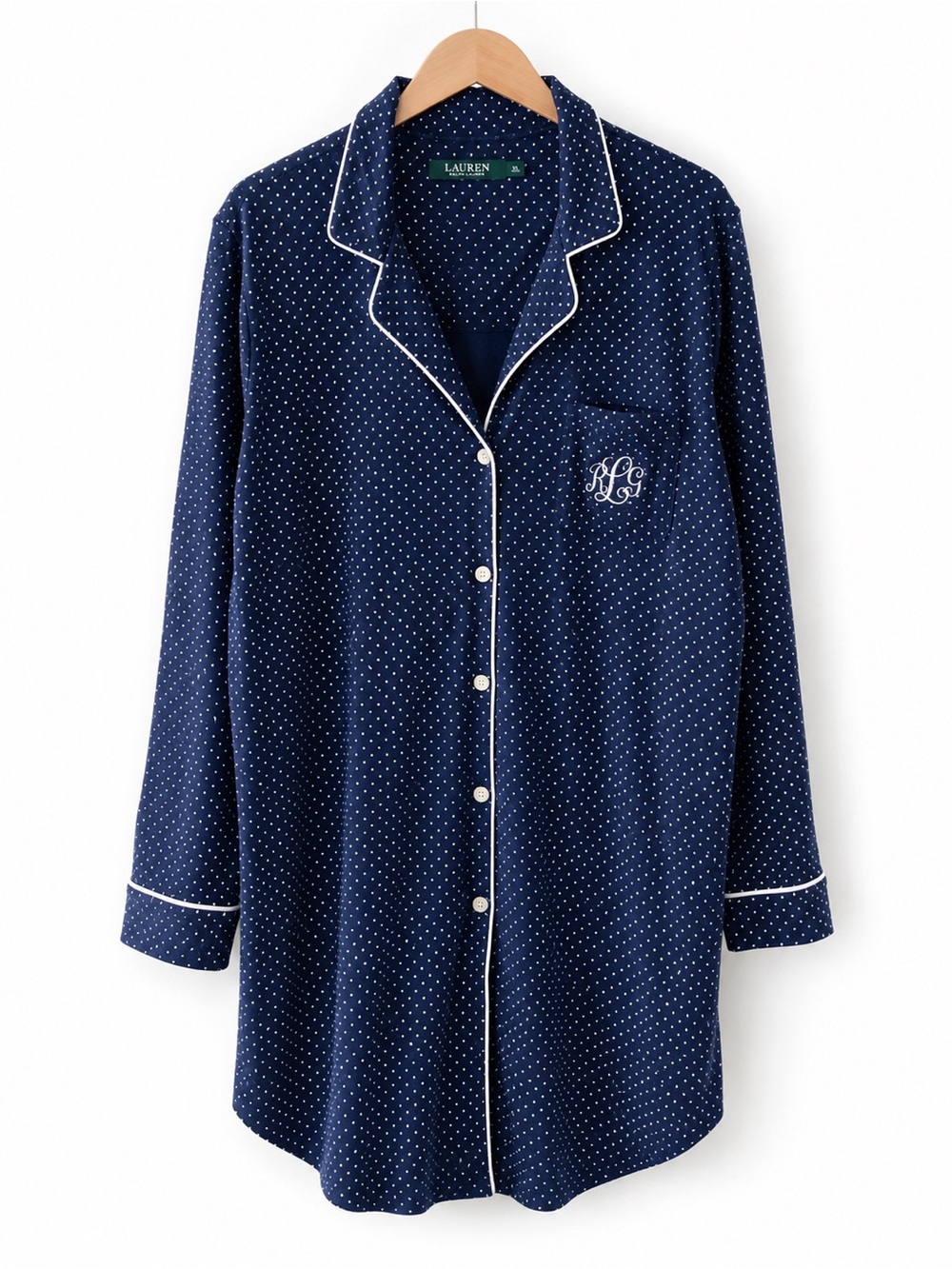 Lauren Ralph Lauren XL 100% Cotton Navy Polka Dot Button Front SleepShirt RLG